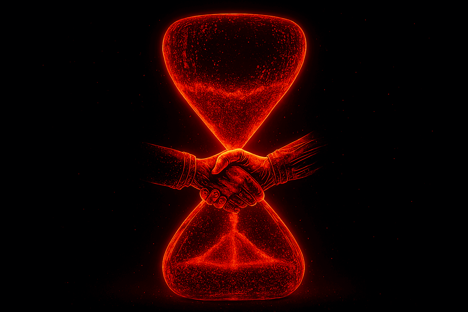 Arte conceitual futurista de uma ampulheta vermelha brilhante feita de partículas digitais, com mãos humanas e robóticas se cumprimentando no centro, simbolizando a união entre ética e tecnologia no marketing digital de 2026.